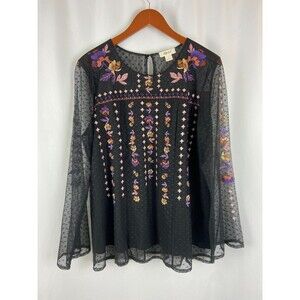 EUC Style & Co Women's L Black Mesh Overlay Floral Embroidered Blouse Whimsigoth